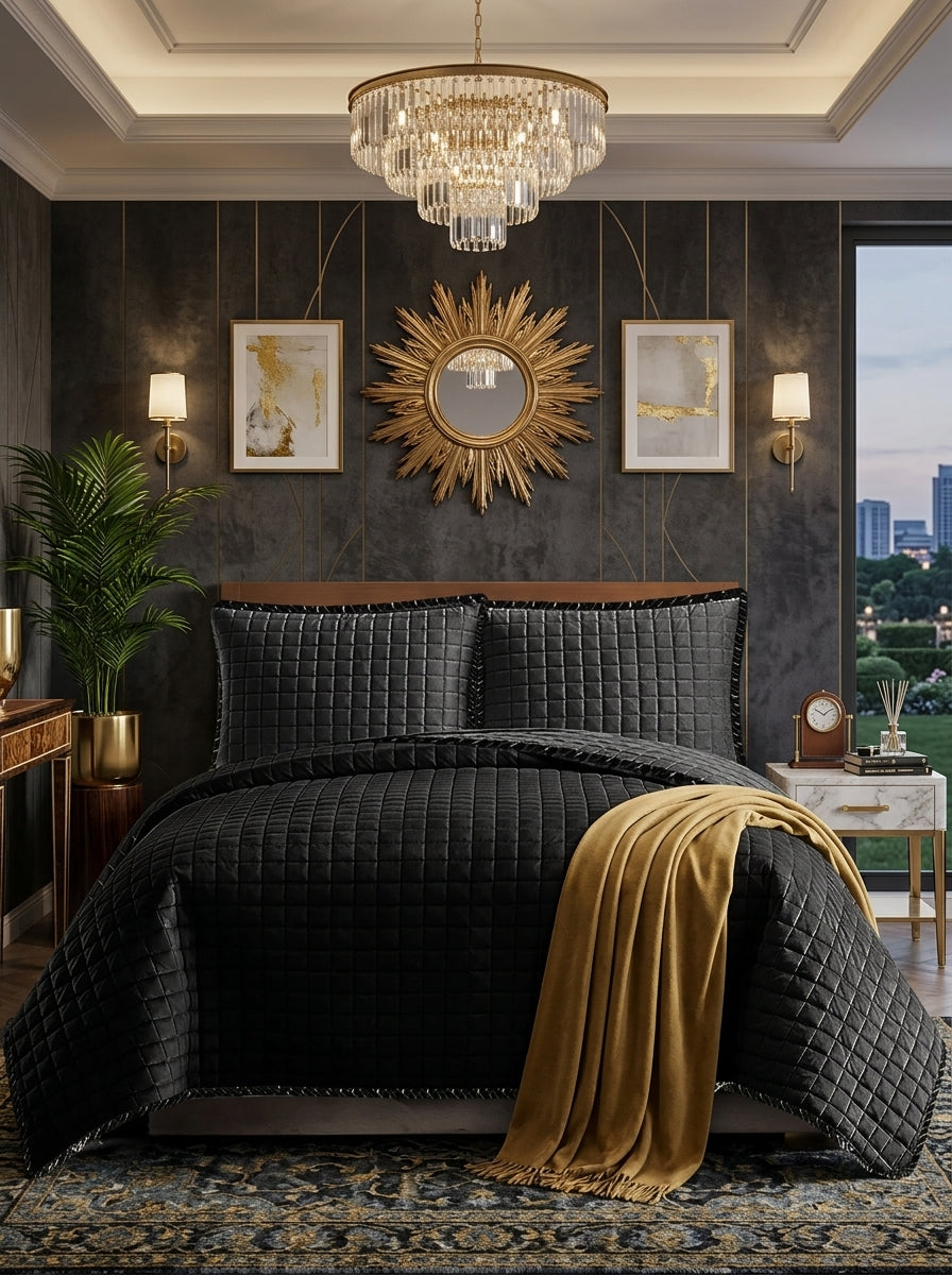 Quilted Bed Throw Set – 3 Piece Bedspread Bedding