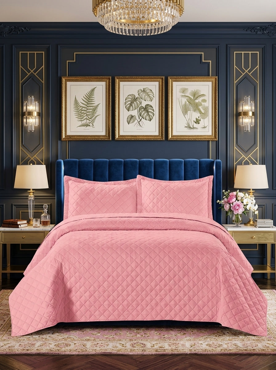 3 Piece Embossed Quilted Bedspread Set with Pillow Covers