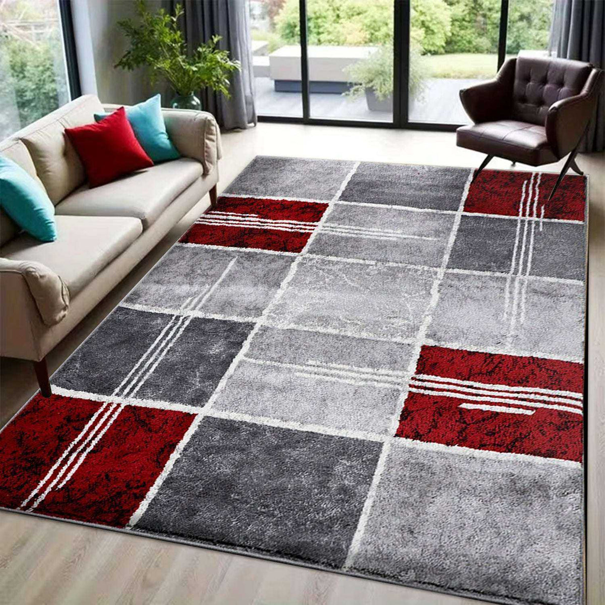Geometric Box Pattern Rug – Modern Living Room