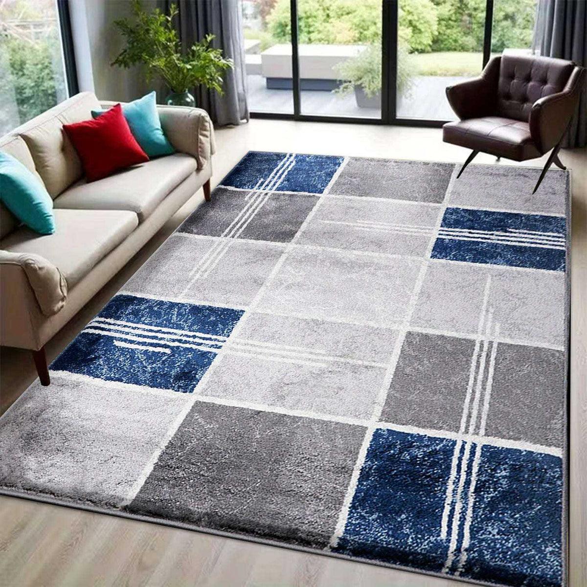 Geometric Box Pattern Rug – Modern Living Room