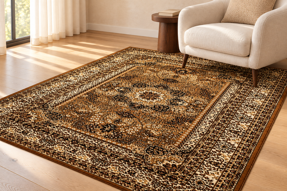 Marrakesh 207 Beige rug styled with an ivory reading chair