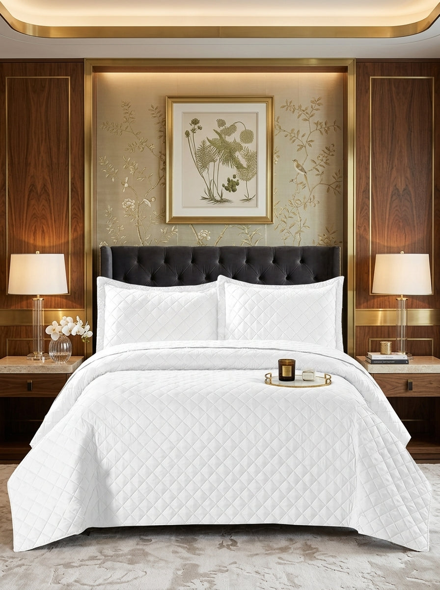 3 Piece Embossed Quilted Bedspread Set with Pillow Covers
