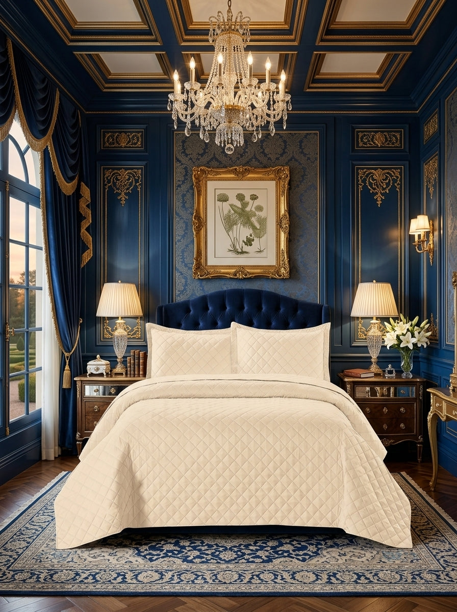 3 Piece Embossed Quilted Bedspread Set with Pillow Covers