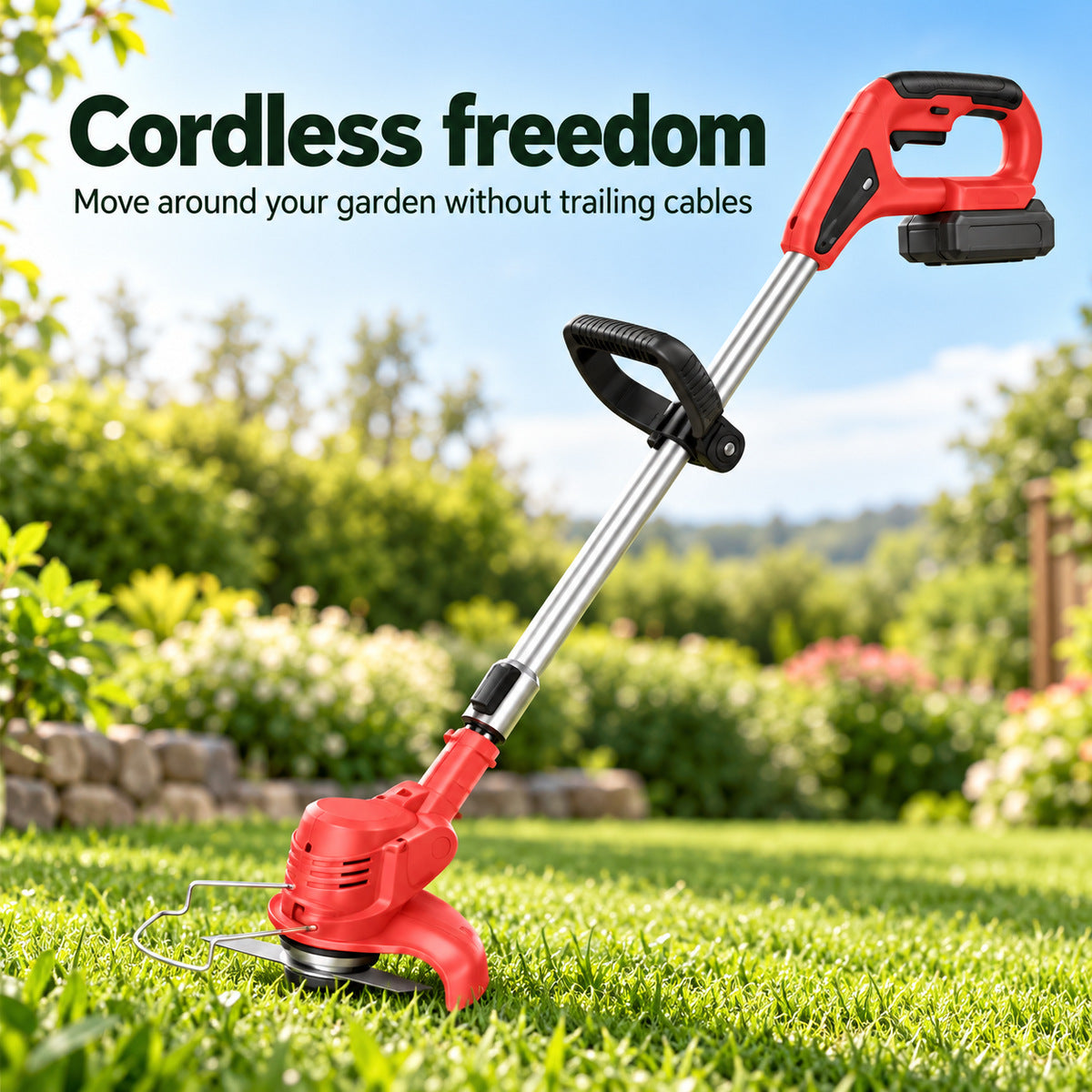 Red cordless grass trimmer with adjustable shaft in a garden