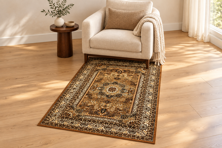 Illustrative placement: a compact Marrakesh Beige rug at an armchair