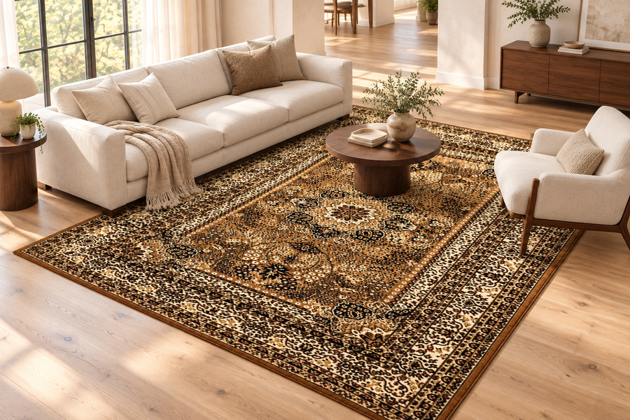 Illustrative placement: a larger Marrakesh Beige rug connecting a sofa and chair