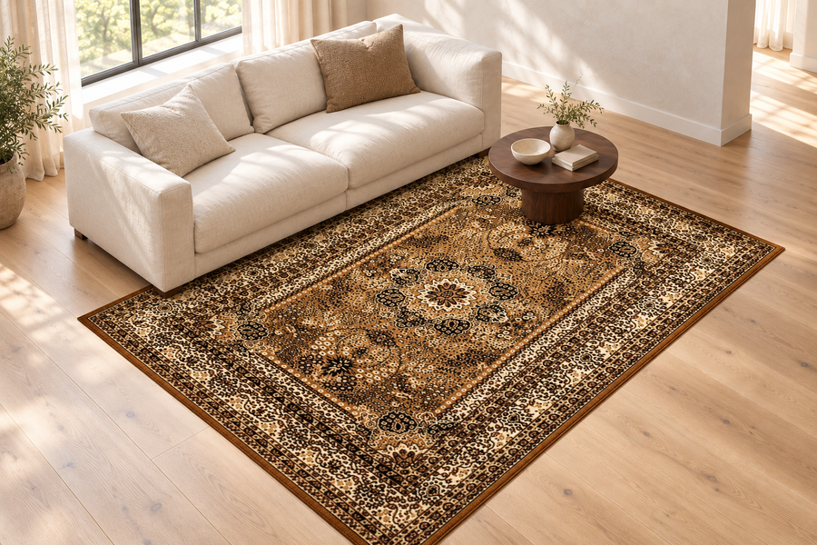 Illustrative placement: Marrakesh Beige rug with the front legs of a sofa